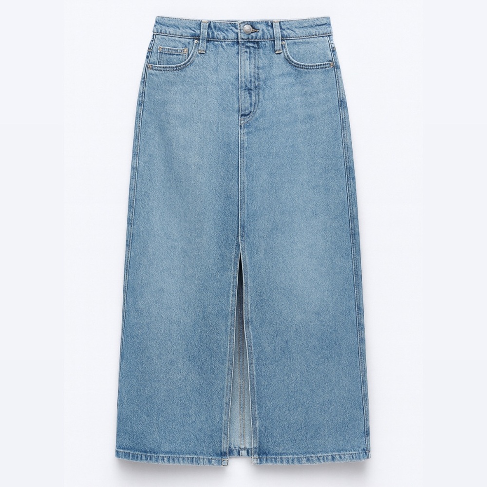 Zara High Waist Slit Denim Midi Skirt Blue Size M